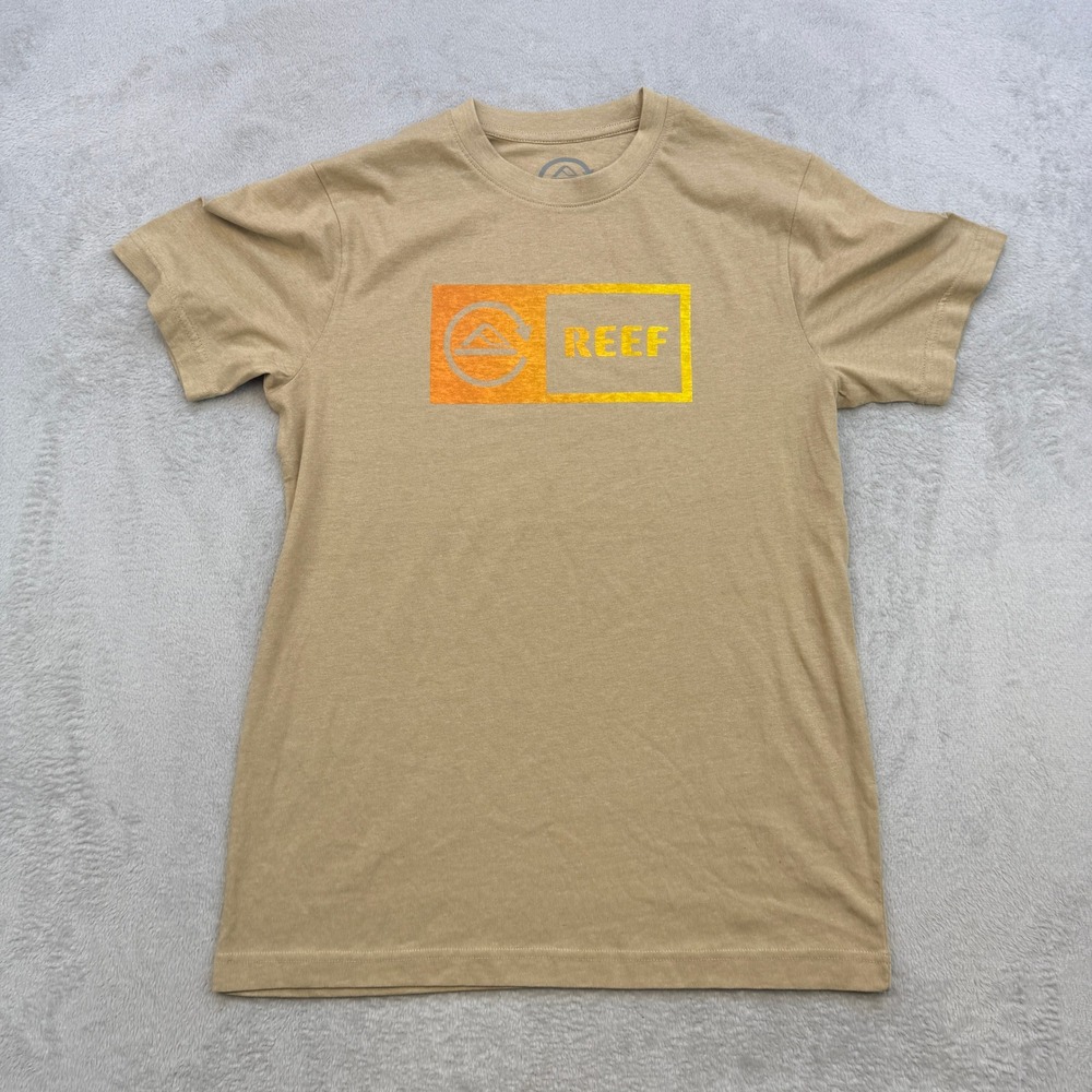 Reef T Shirt Mens Medium Tan Orange Yellow Gradient Logo Surf Skate Casual Tee